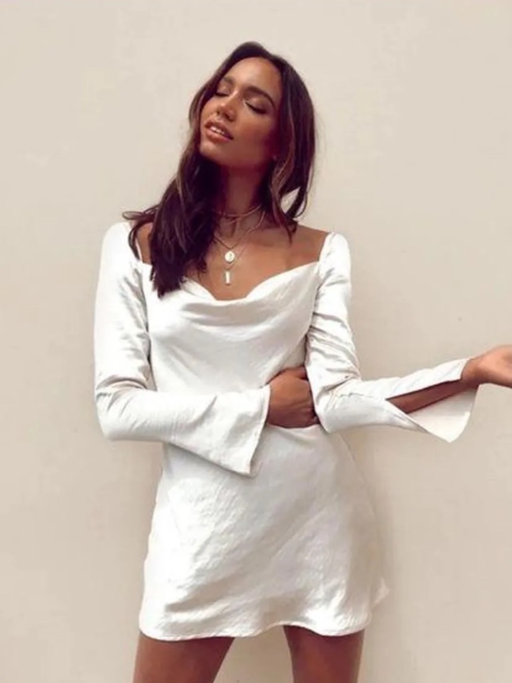 Princess Polly Long Sleeve Silky Satin Champagne Dress